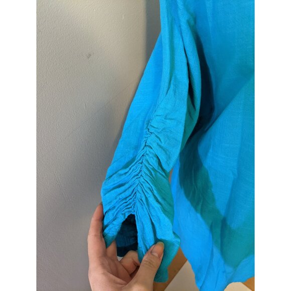 Womens Turquoise 100% Cotton Texture Tunic Top 3/4 Ruched Sleeve Lagenlook XL - Picture 4 of 8